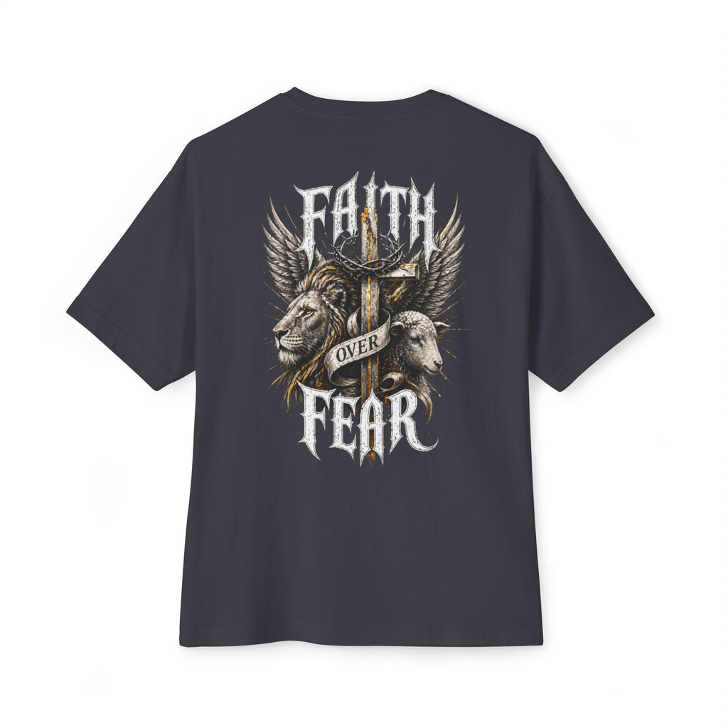 Faith Over Fear Tee — Cross & Lion Logo Oversized Boxy Shirt