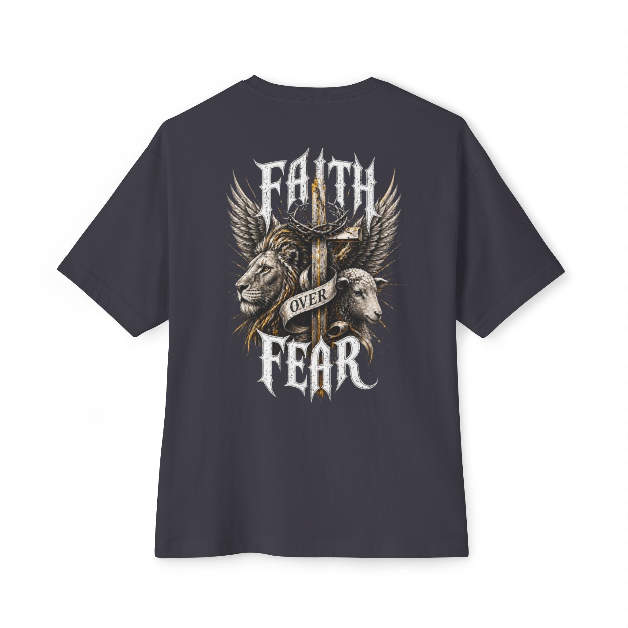 Faith Over Fear Tee — Cross & Lion Logo Oversized Boxy Shirt