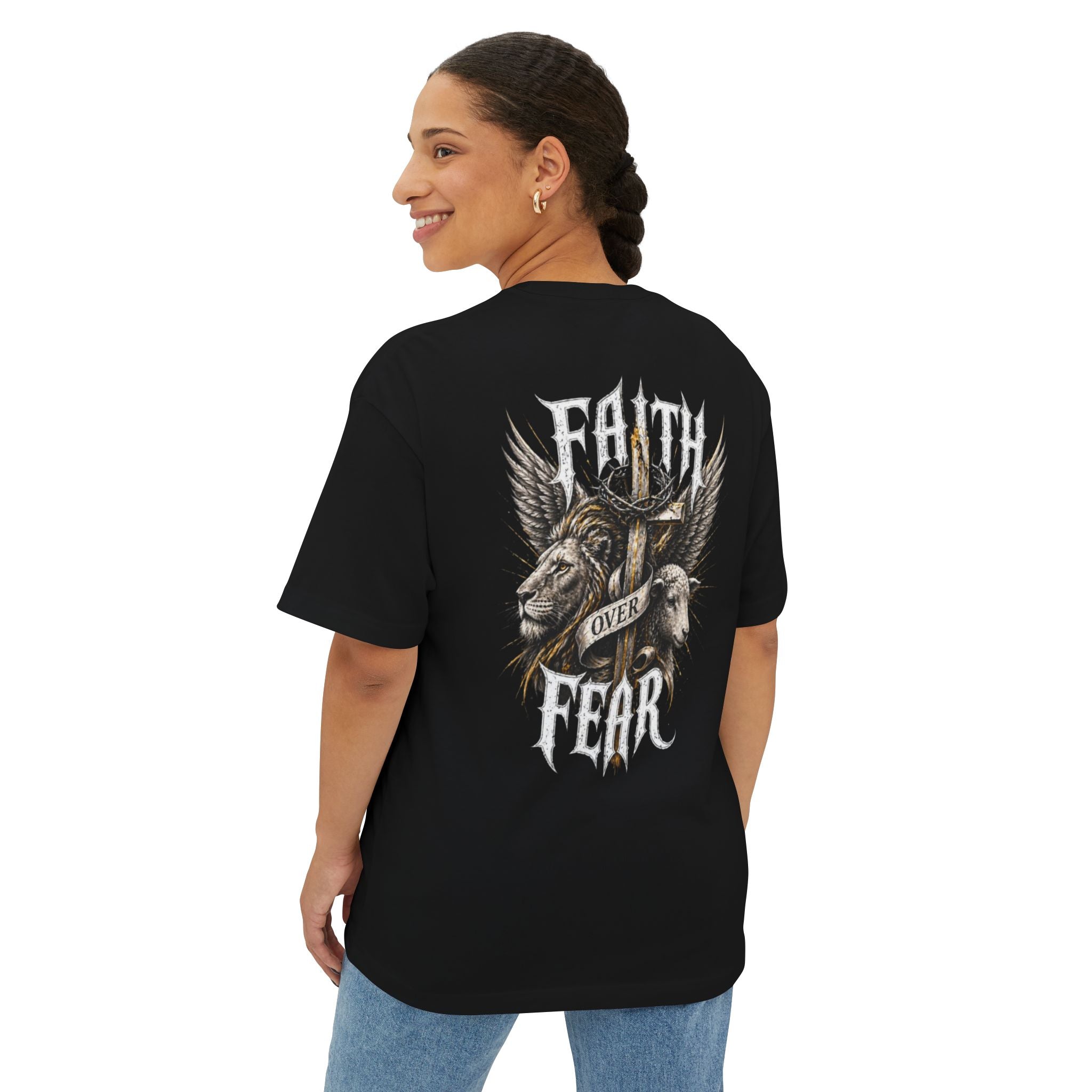 Faith Over Fear Tee — Cross & Lion Logo Oversized Boxy Shirt