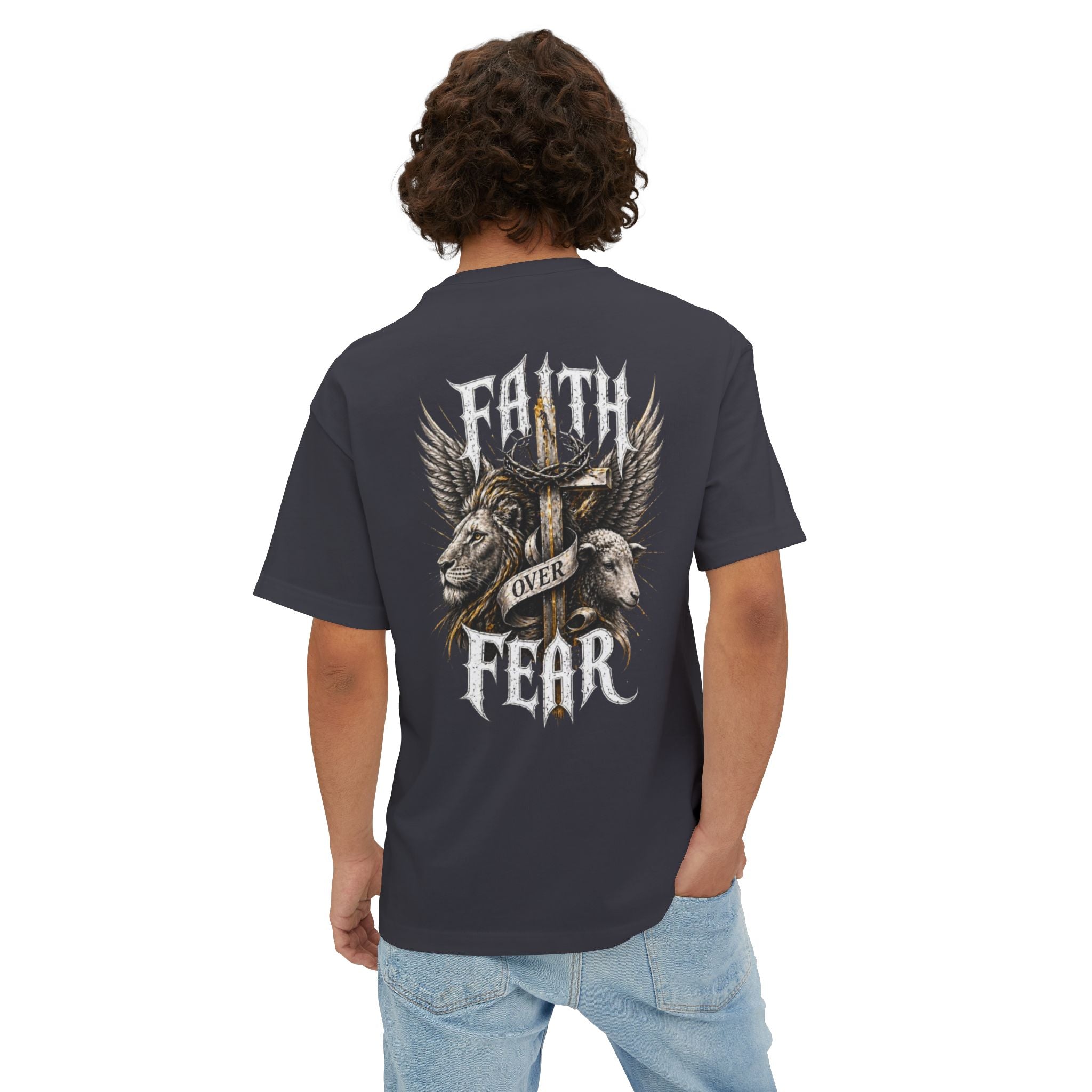 Faith Over Fear Tee — Cross & Lion Logo Oversized Boxy Shirt