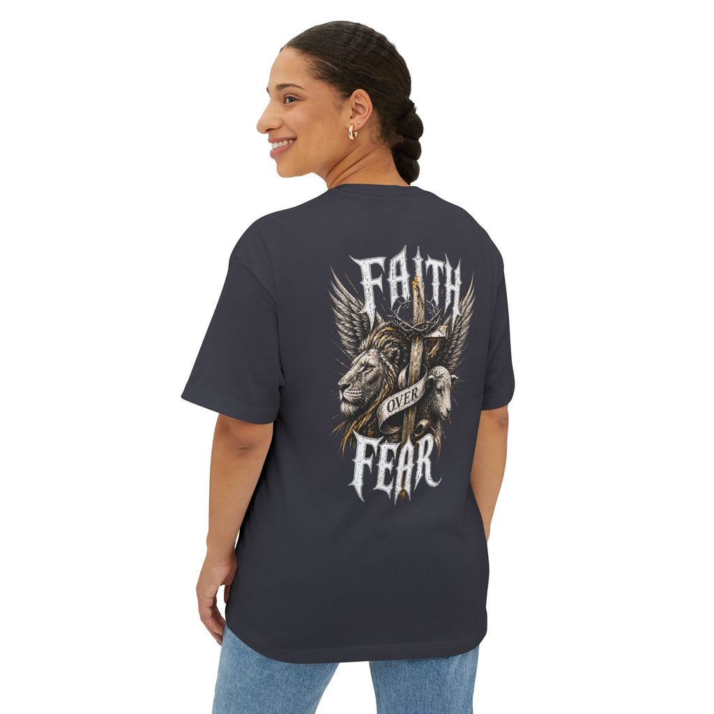 Faith Over Fear Tee — Cross & Lion Logo Oversized Boxy Shirt
