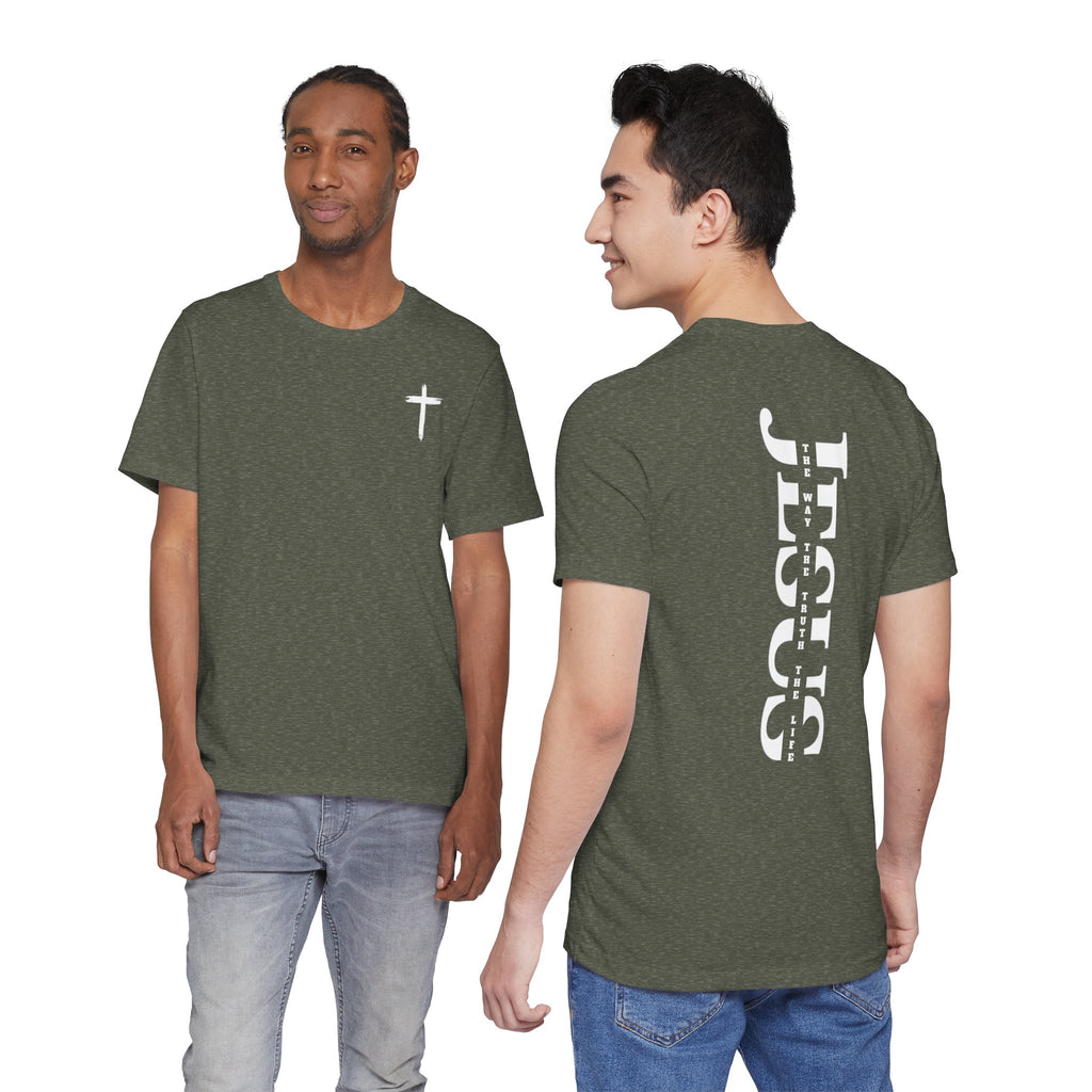 Faith Cross Tee — Vertical "Jesus" Back Graphic Christian T‑Shirt