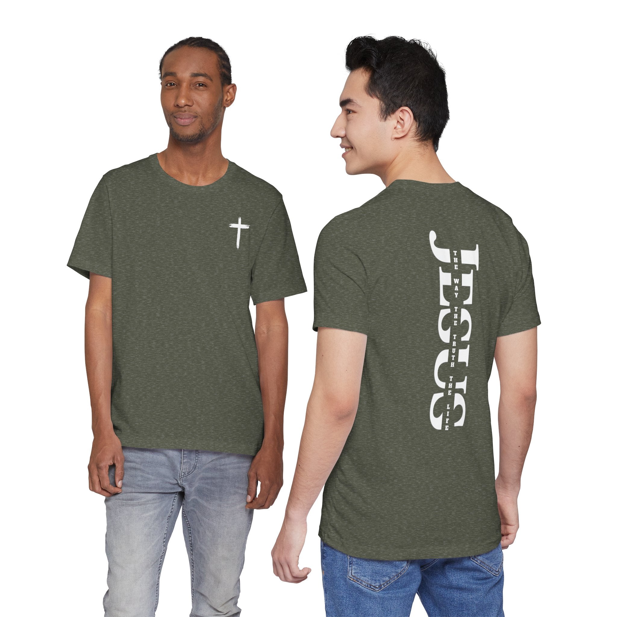 Faith Cross Tee — Vertical "Jesus" Back Graphic Christian T‑Shirt