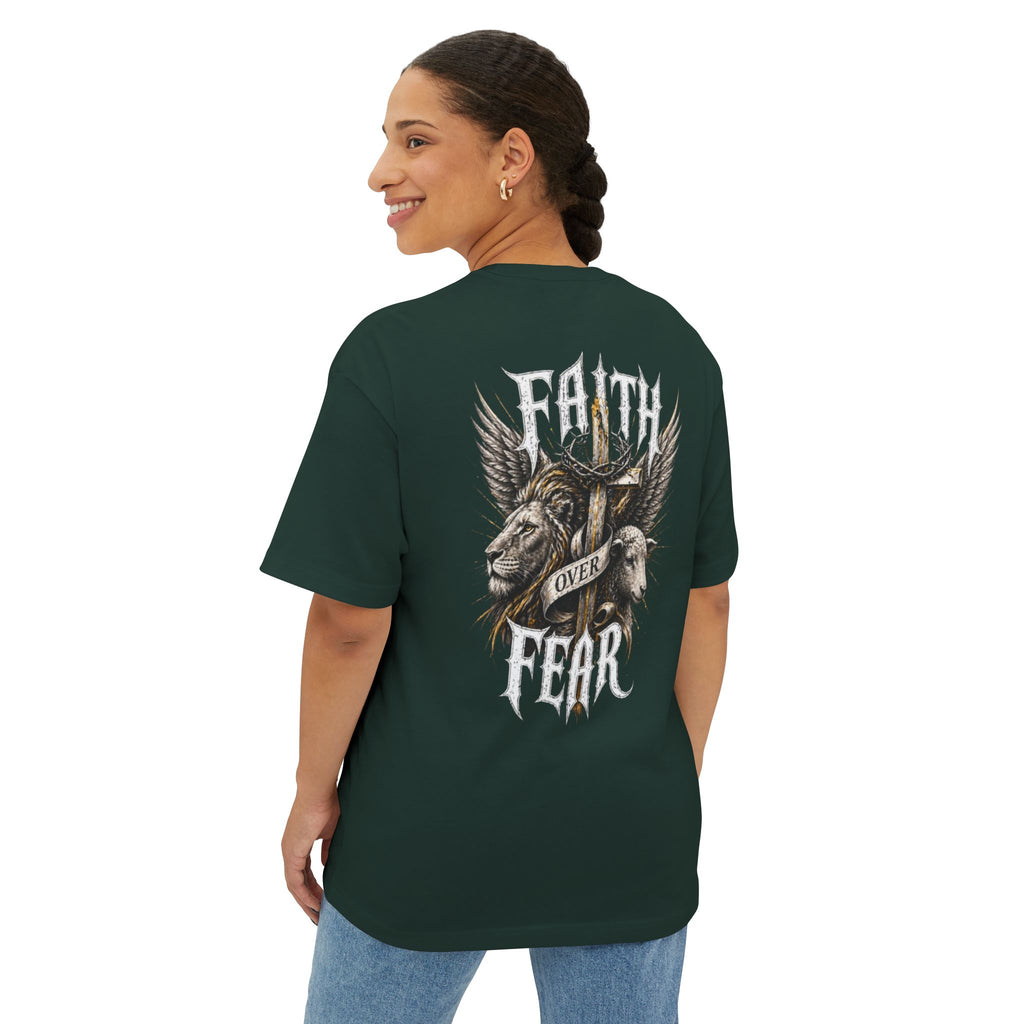 Faith Over Fear Tee — Cross & Lion Logo Oversized Boxy Shirt