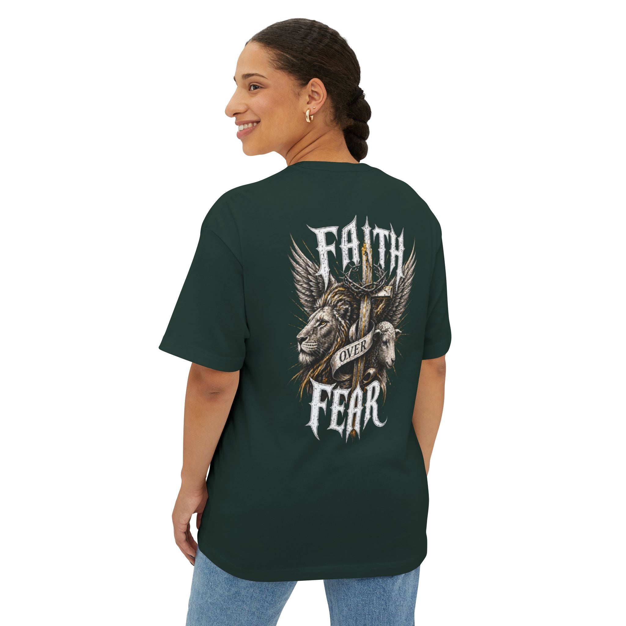 Faith Over Fear Tee — Cross & Lion Logo Oversized Boxy Shirt