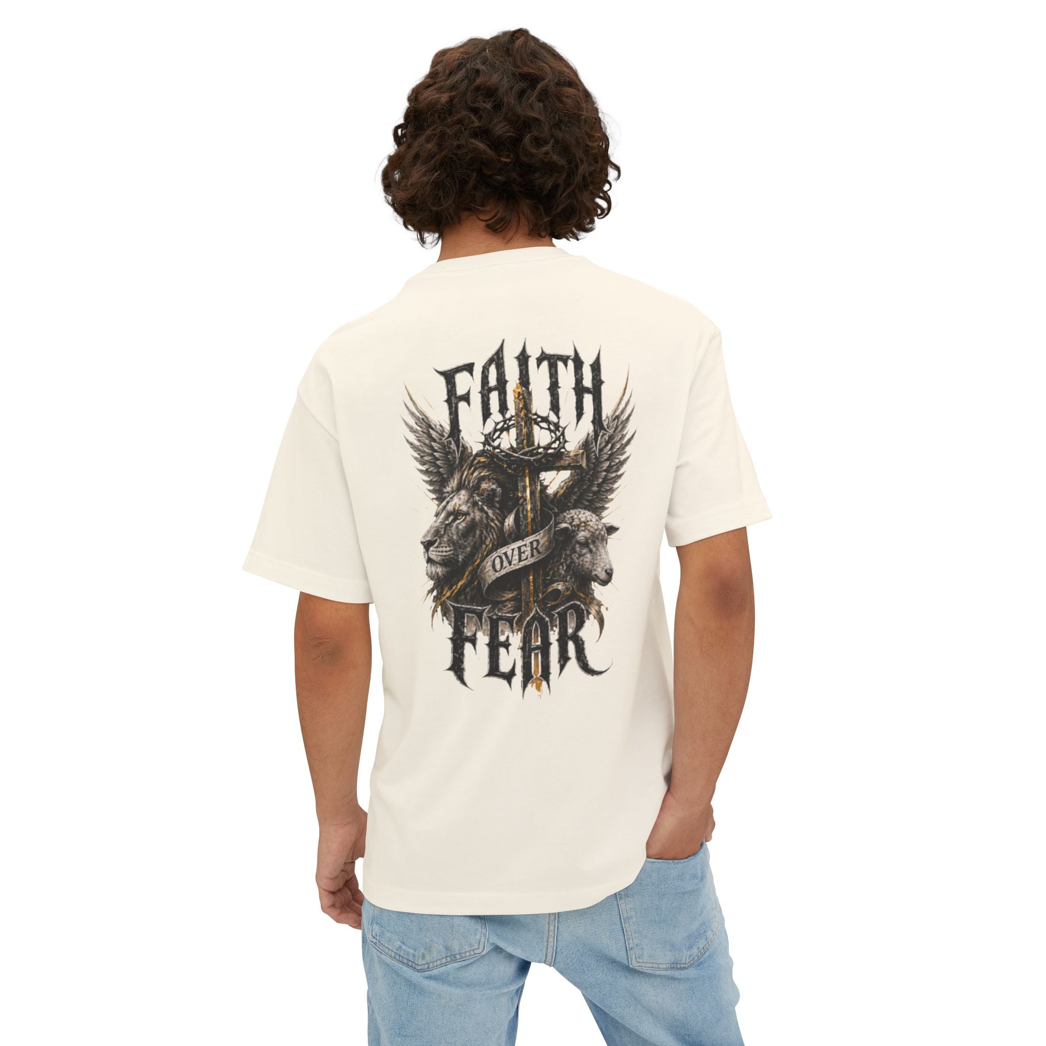 Faith Over Fear Tee — Cross & Lion Logo Oversized Boxy Shirt