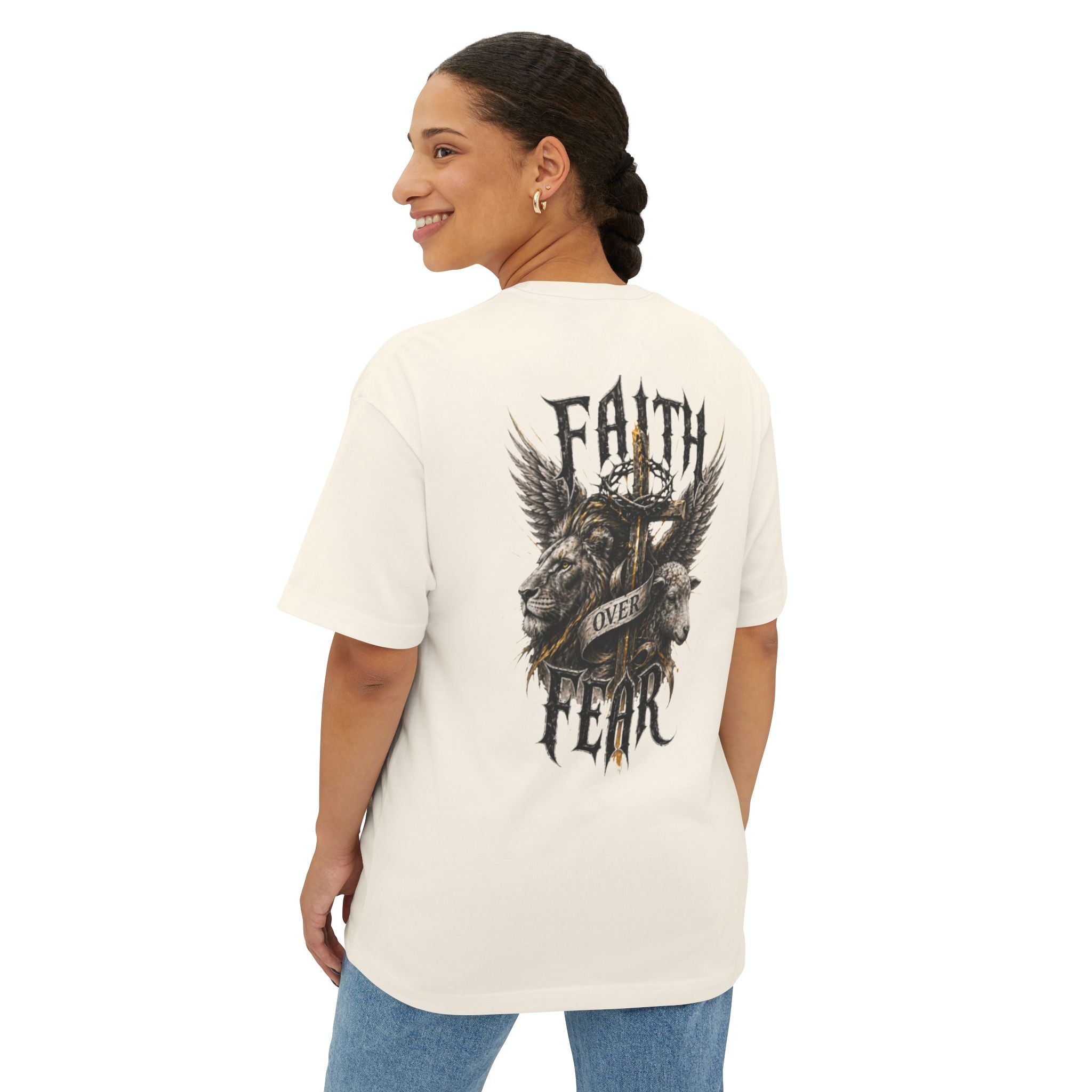 Faith Over Fear Tee — Cross & Lion Logo Oversized Boxy Shirt