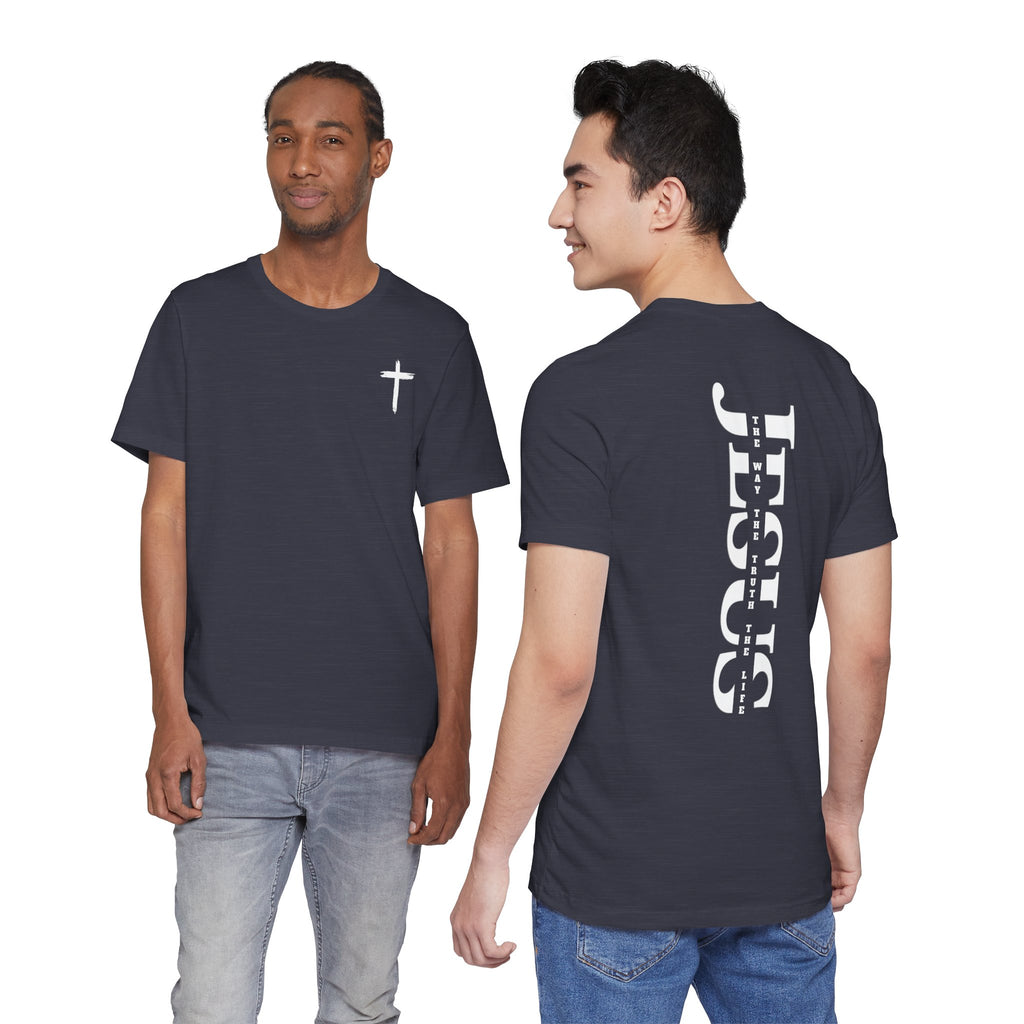 Faith Cross Tee — Vertical "Jesus" Back Graphic Christian T‑Shirt
