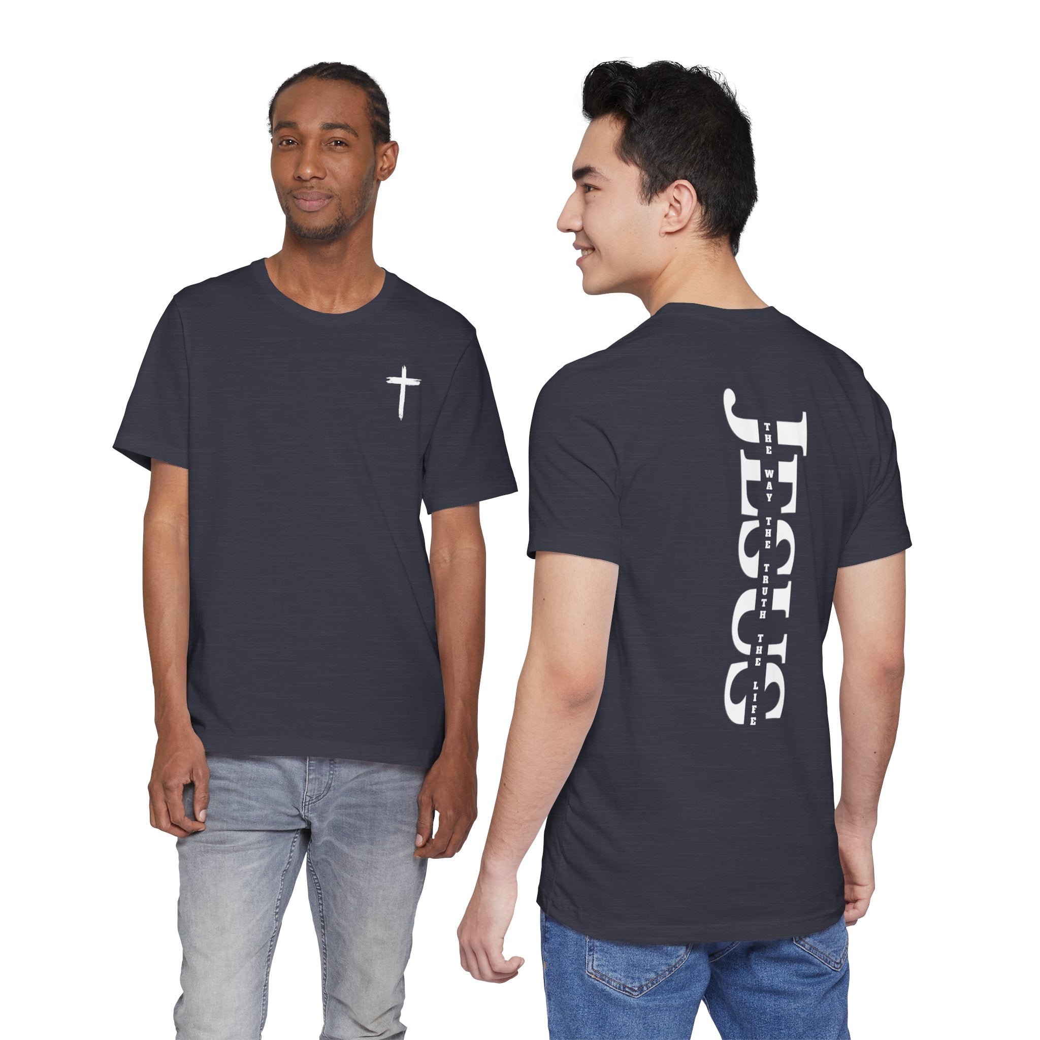 Faith Cross Tee — Vertical "Jesus" Back Graphic Christian T‑Shirt