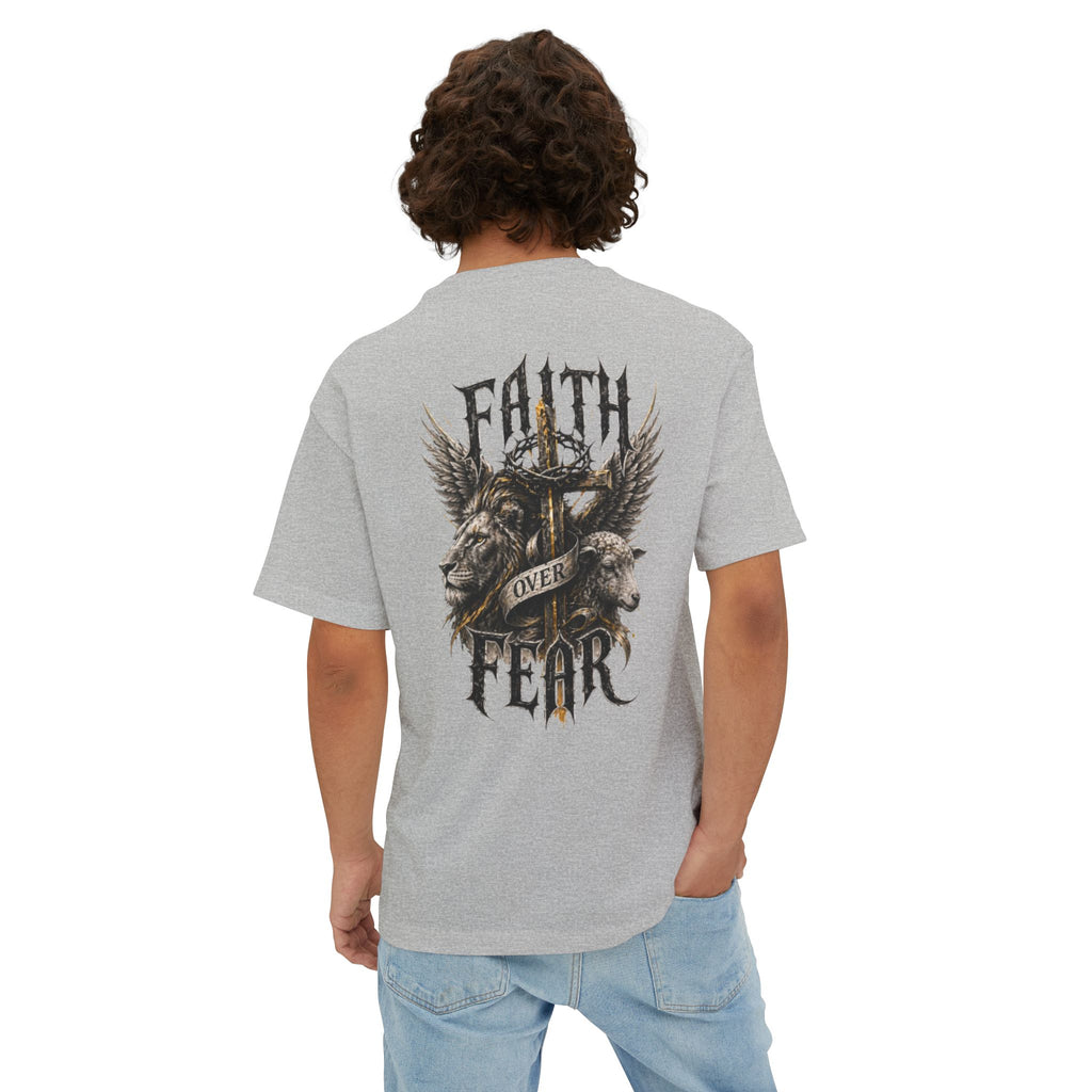 Faith Over Fear Tee — Cross & Lion Logo Oversized Boxy Shirt