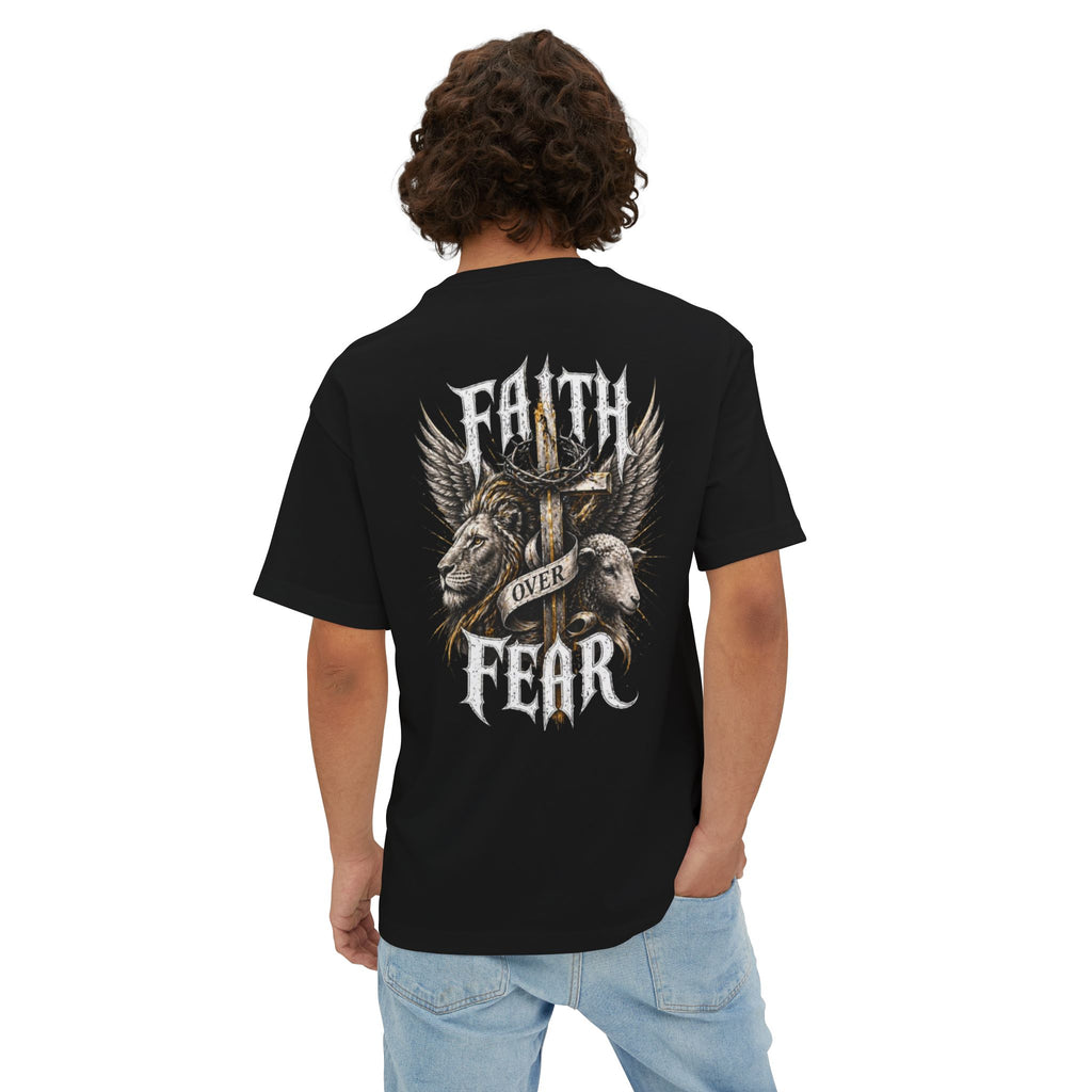 Faith Over Fear Tee — Cross & Lion Logo Oversized Boxy Shirt