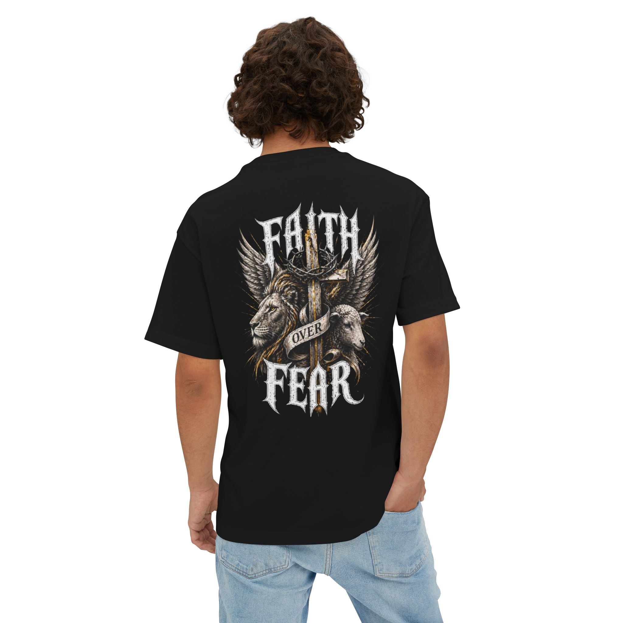 Faith Over Fear Tee — Cross & Lion Logo Oversized Boxy Shirt