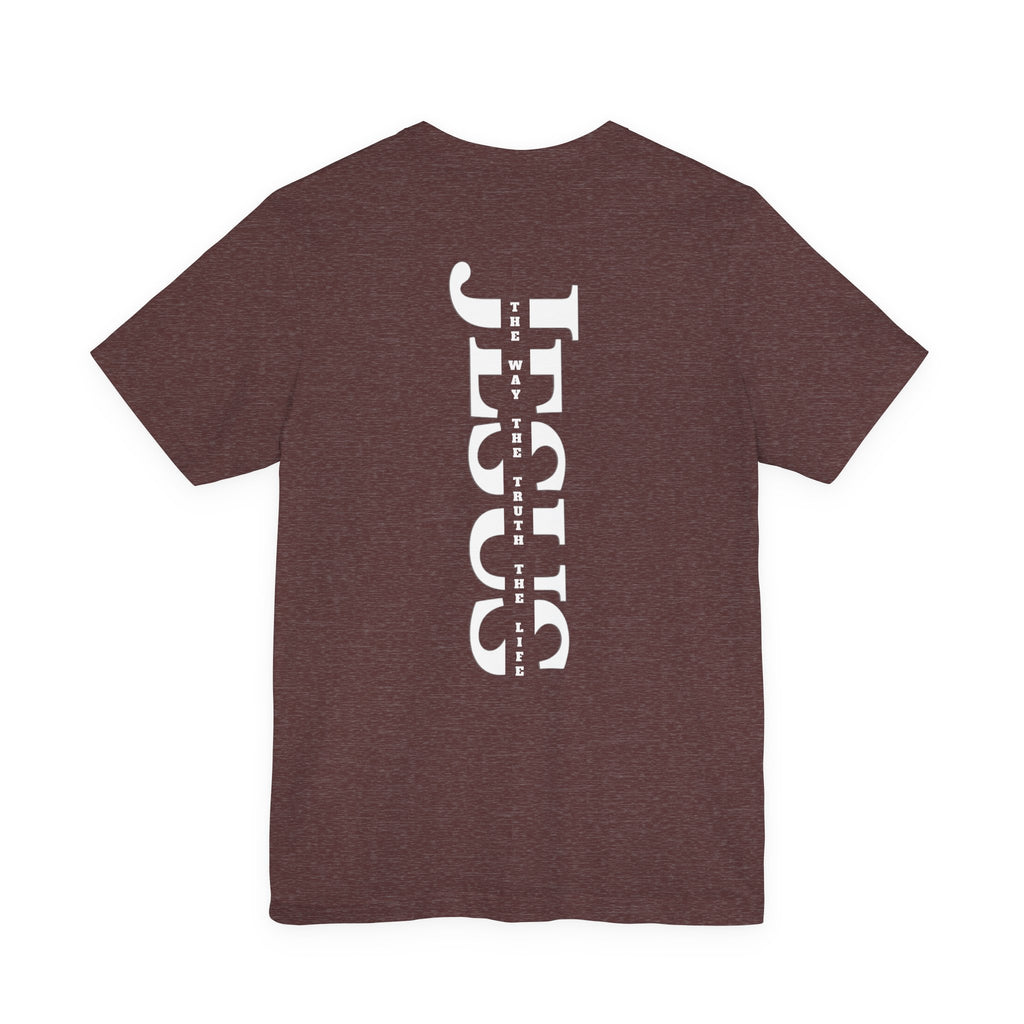 Faith Cross Tee — Vertical "Jesus" Back Graphic Christian T‑Shirt