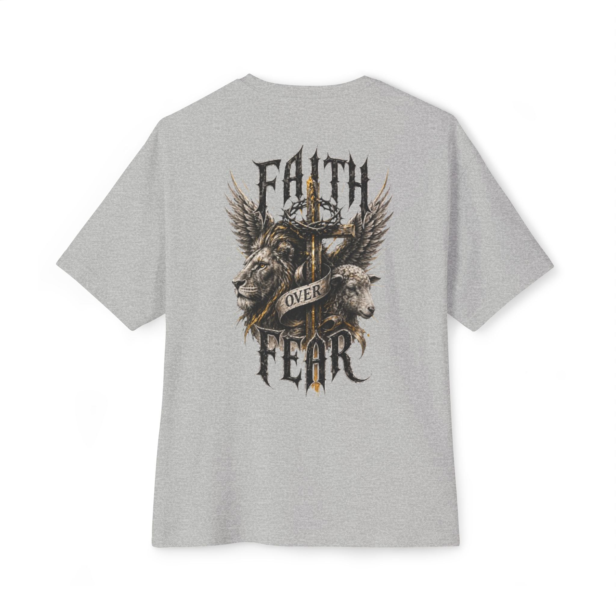 Faith Over Fear Tee — Cross & Lion Logo Oversized Boxy Shirt