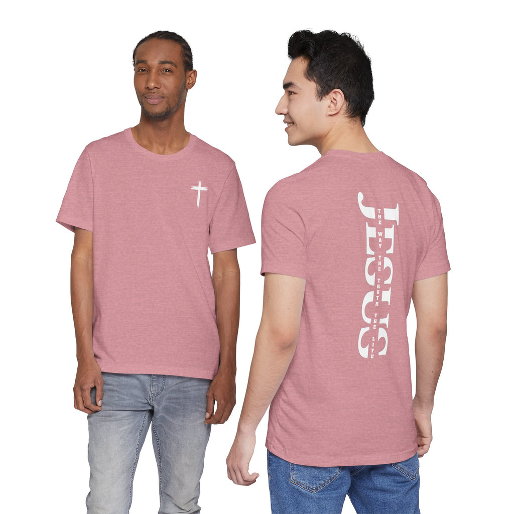 Faith Cross Tee — Vertical "Jesus" Back Graphic Christian T‑Shirt