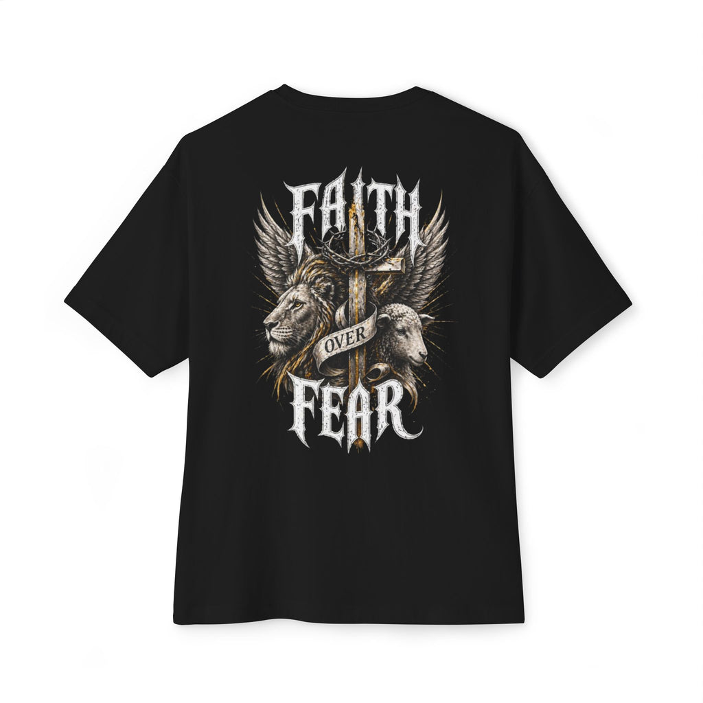 Faith Over Fear Tee — Cross & Lion Logo Oversized Boxy Shirt