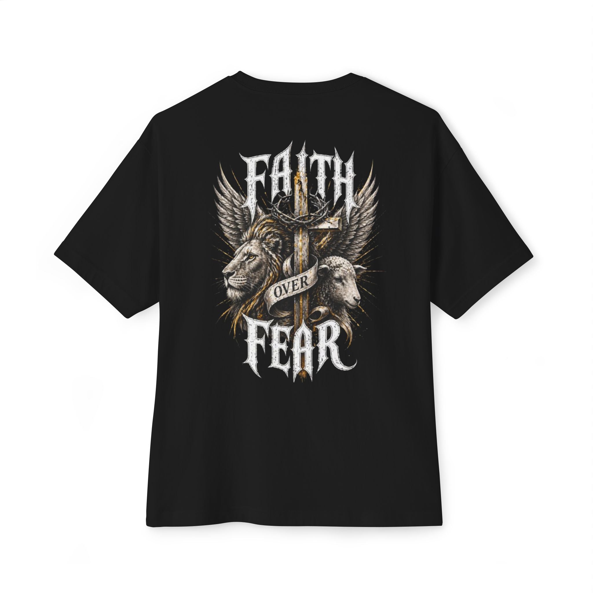 Faith Over Fear Tee — Cross & Lion Logo Oversized Boxy Shirt