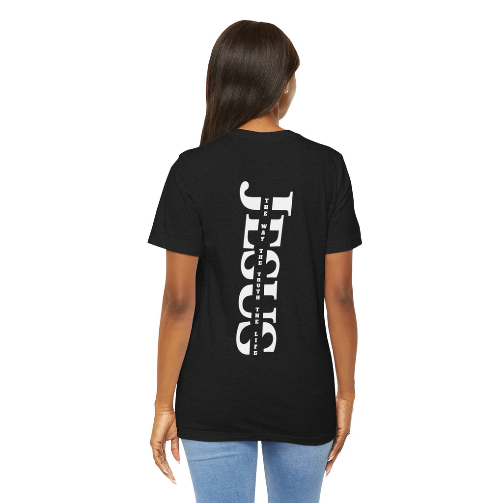 Faith Cross Tee — Vertical "Jesus" Back Graphic Christian T‑Shirt