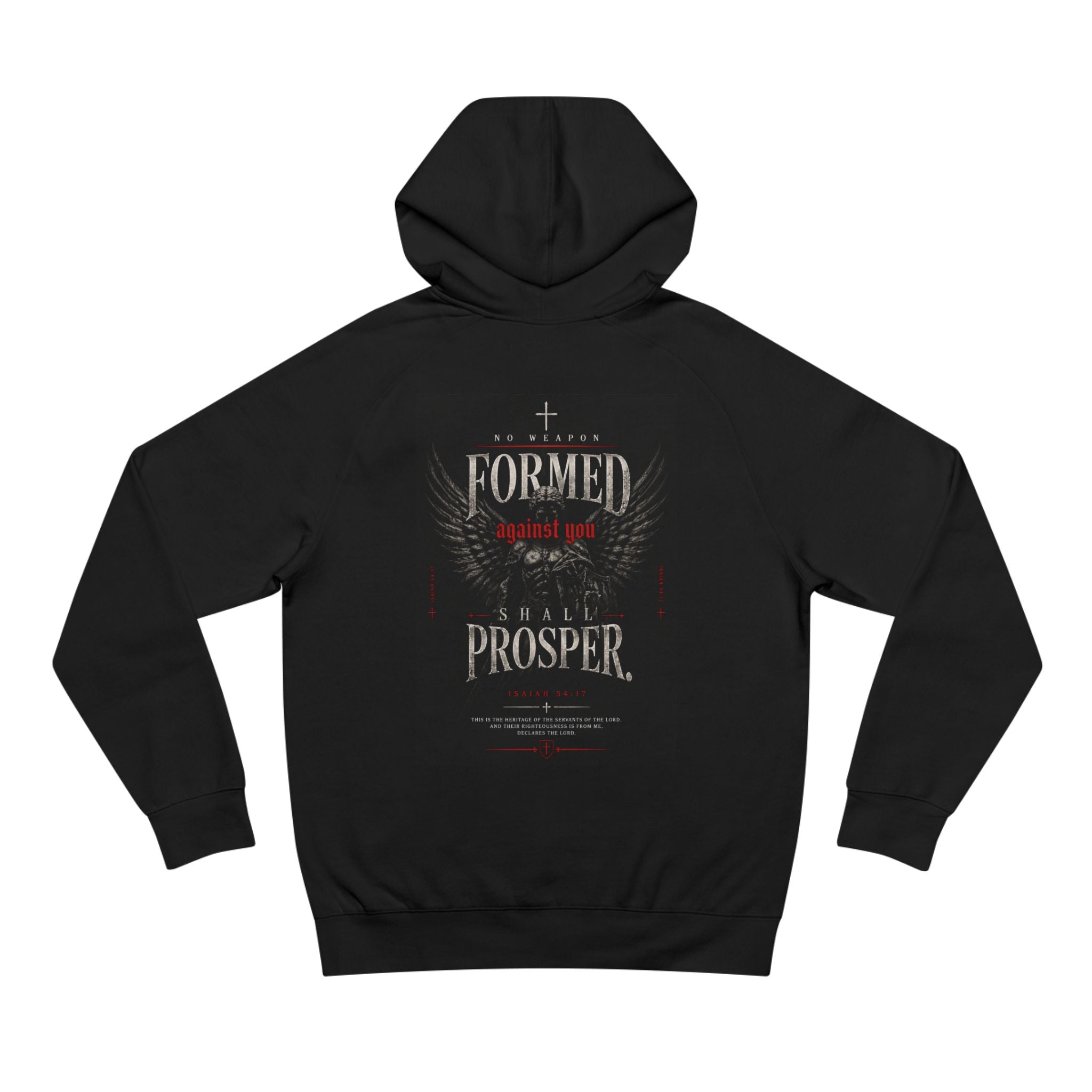 No Weapon Formed Against Me Hoodie — Black Logo Angel Back Graphic