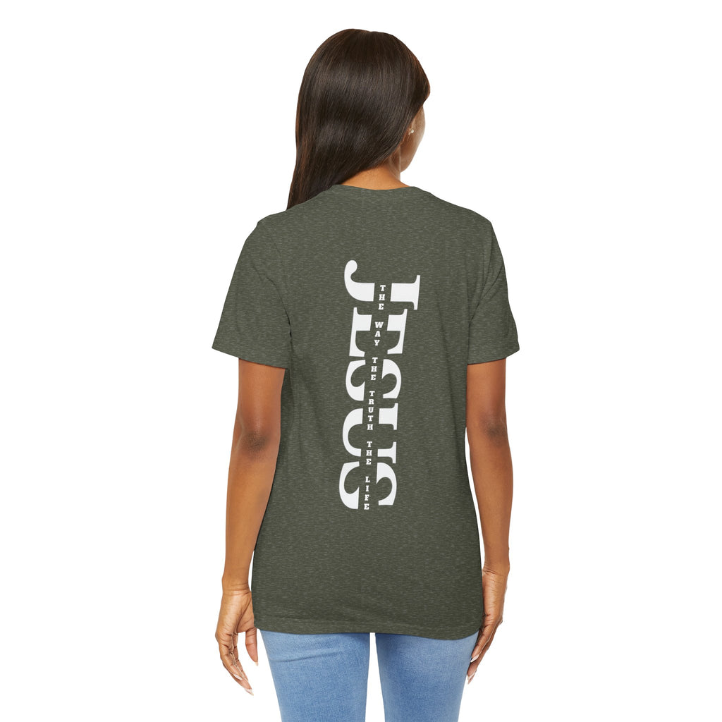 Faith Cross Tee — Vertical "Jesus" Back Graphic Christian T‑Shirt