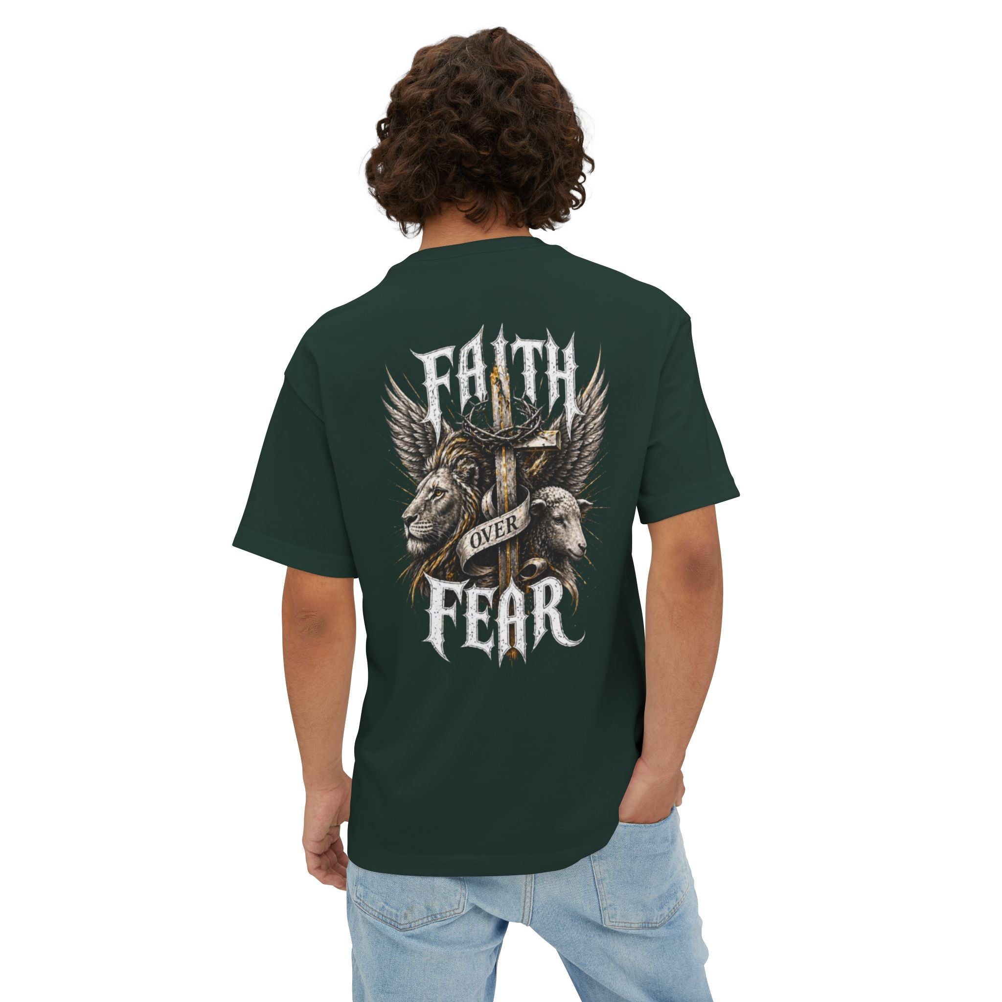 Faith Over Fear Tee — Cross & Lion Logo Oversized Boxy Shirt