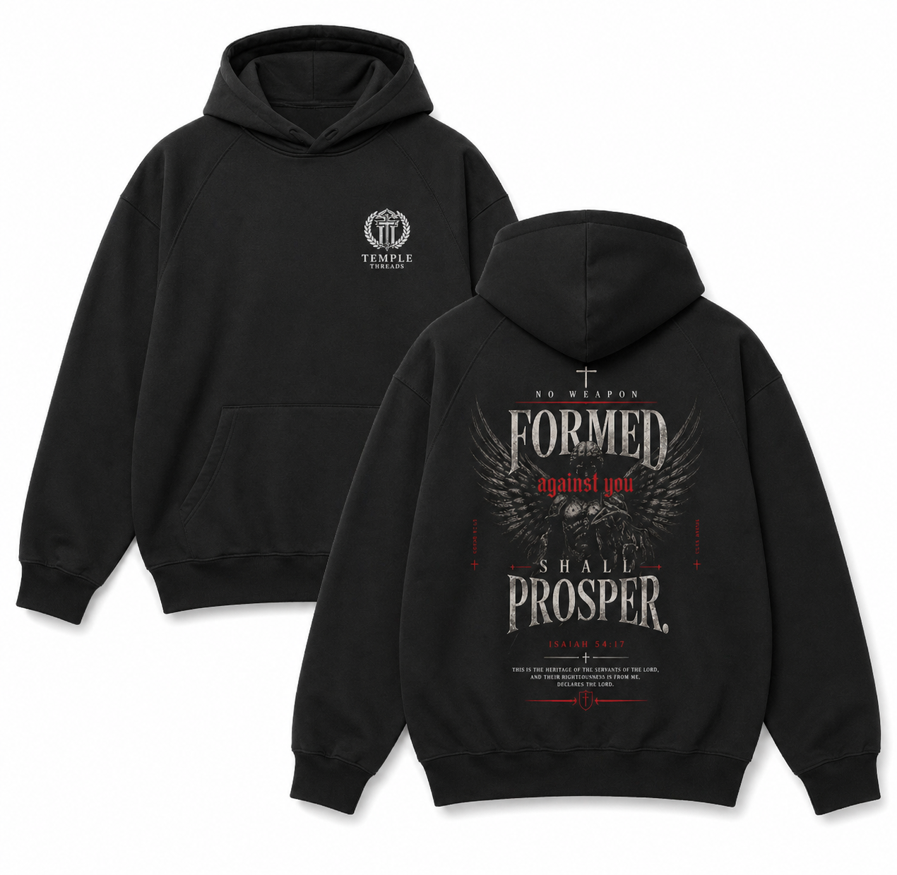 No Weapon Formed Against Me Hoodie — Black Logo Angel Back Graphic