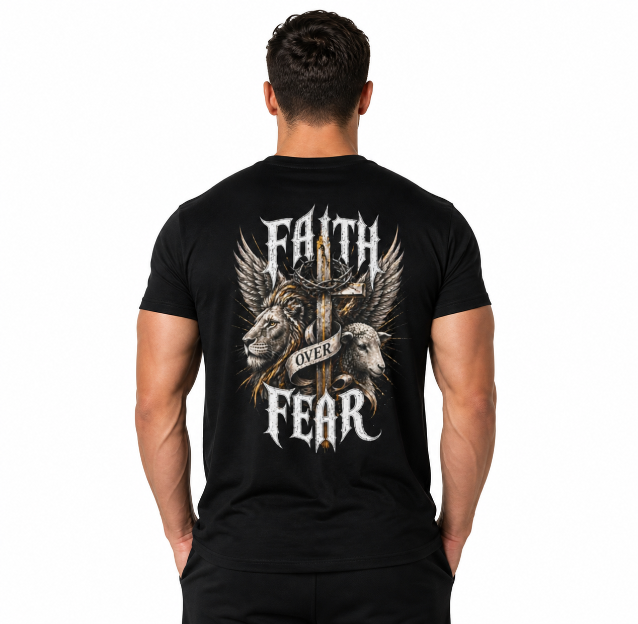 Faith Over Fear Tee — Cross & Lion Logo Oversized Boxy Shirt