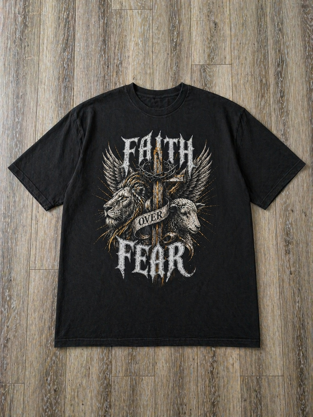 Faith Over Fear Tee — Cross & Lion Logo Oversized Boxy Shirt