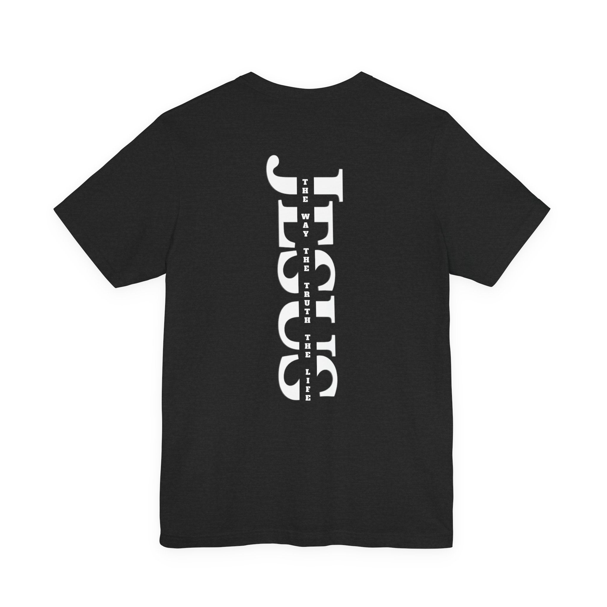 Faith Cross Tee — Vertical "Jesus" Back Graphic Christian T‑Shirt