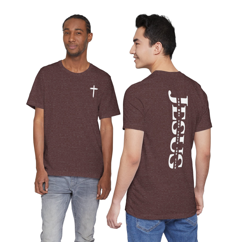Faith Cross Tee — Vertical "Jesus" Back Graphic Christian T‑Shirt