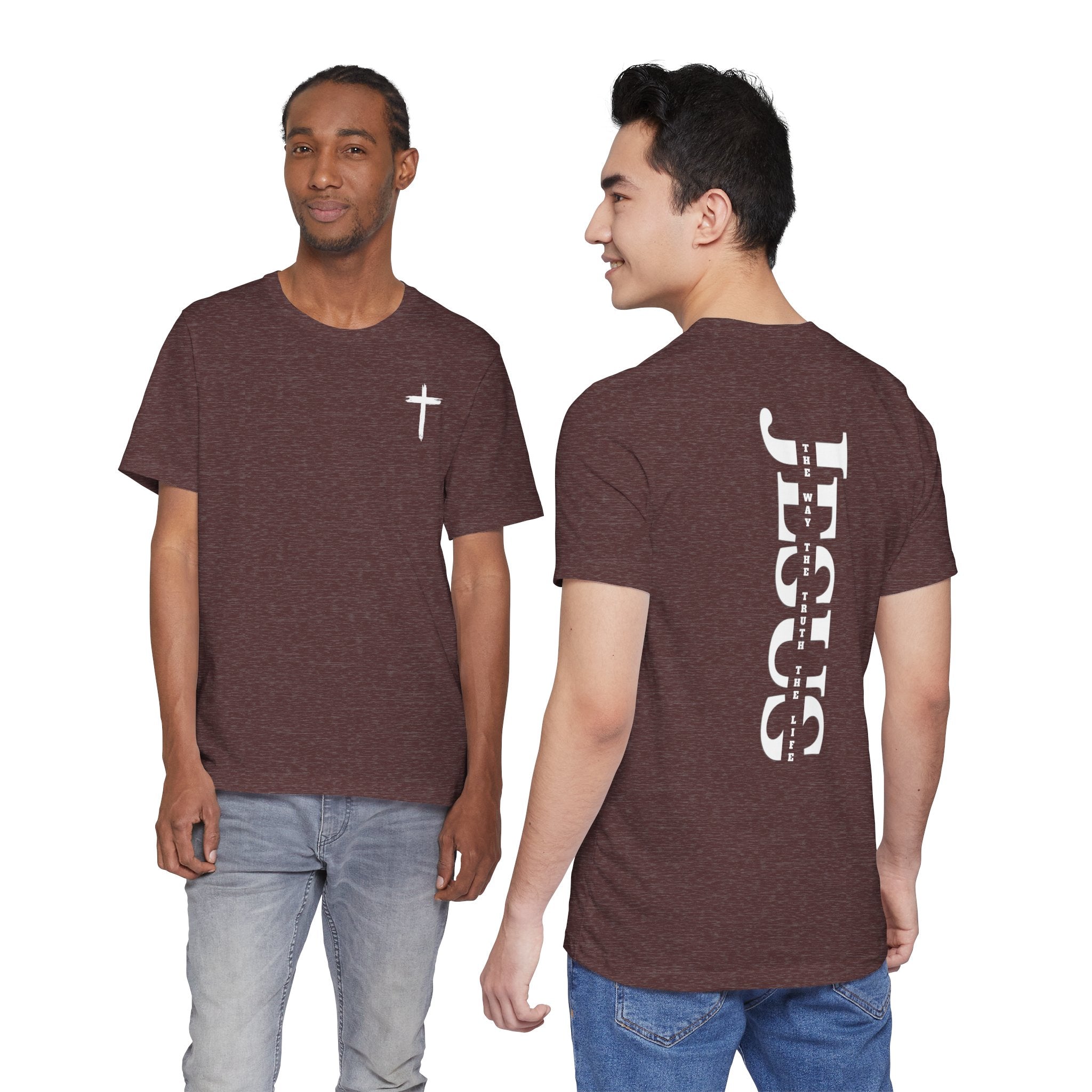 Faith Cross Tee — Vertical "Jesus" Back Graphic Christian T‑Shirt
