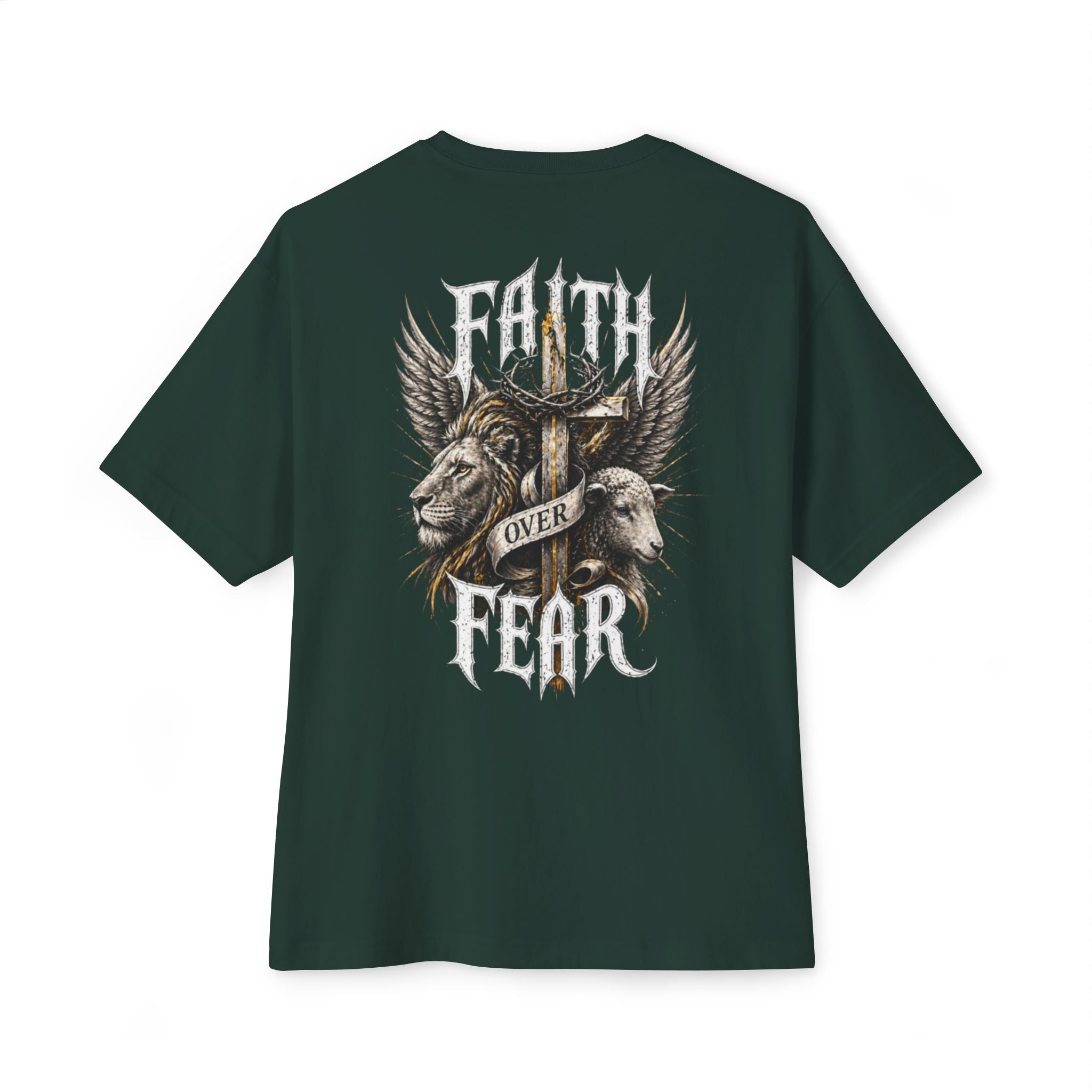 Faith Over Fear Tee — Cross & Lion Logo Oversized Boxy Shirt