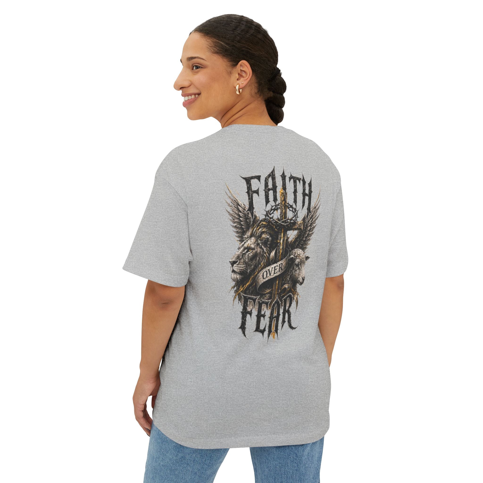 Faith Over Fear Tee — Cross & Lion Logo Oversized Boxy Shirt