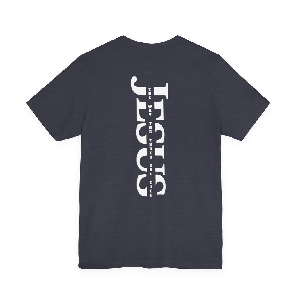 Faith Cross Tee — Vertical "Jesus" Back Graphic Christian T‑Shirt