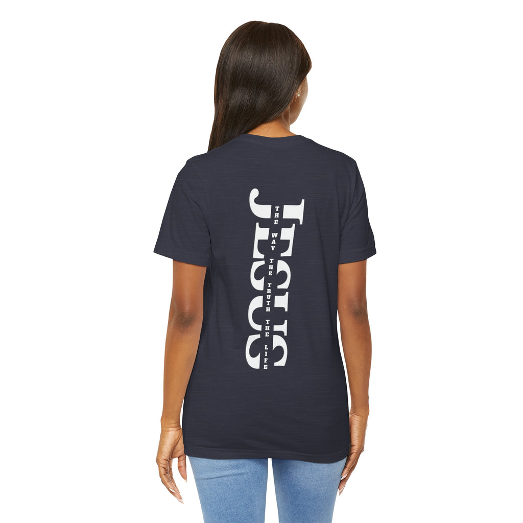 Faith Cross Tee — Vertical "Jesus" Back Graphic Christian T‑Shirt