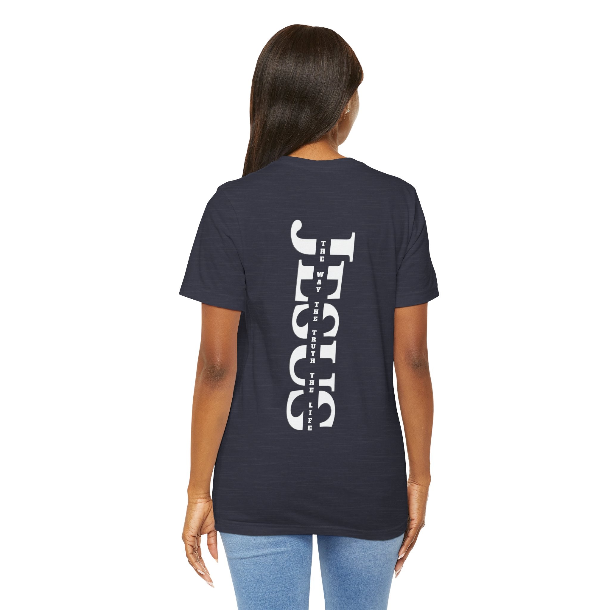 Faith Cross Tee — Vertical "Jesus" Back Graphic Christian T‑Shirt