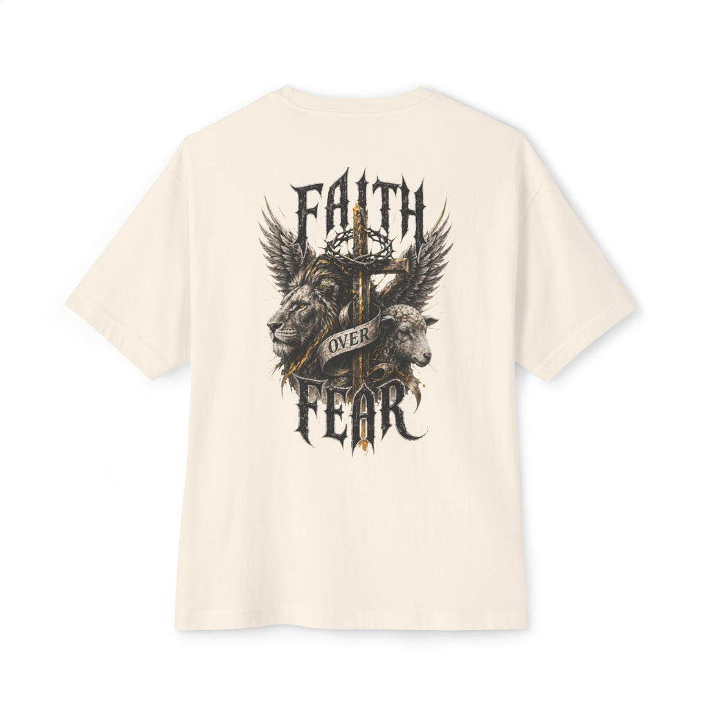 Faith Over Fear Tee — Cross & Lion Logo Oversized Boxy Shirt