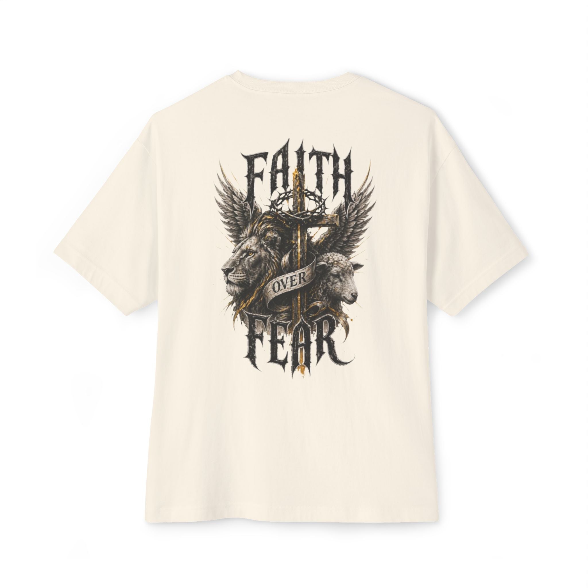 Faith Over Fear Tee — Cross & Lion Logo Oversized Boxy Shirt