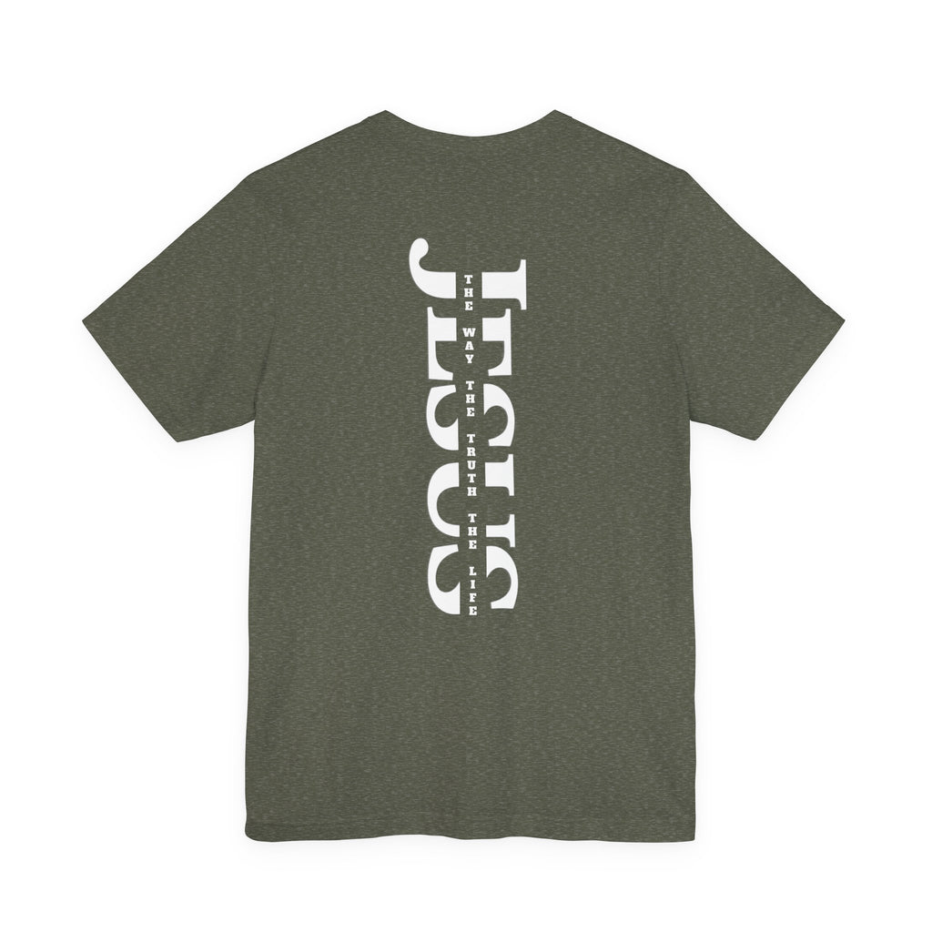 Faith Cross Tee — Vertical "Jesus" Back Graphic Christian T‑Shirt