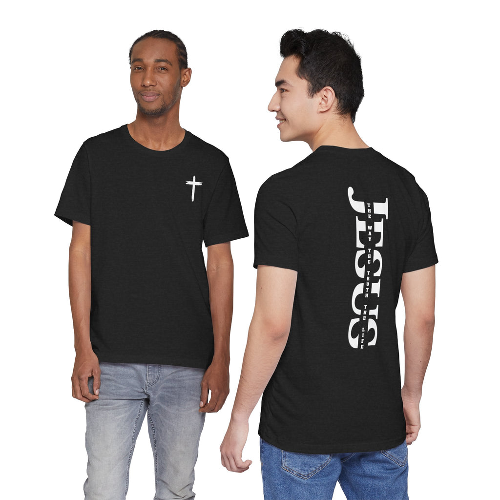 Faith Cross Tee — Vertical "Jesus" Back Graphic Christian T‑Shirt