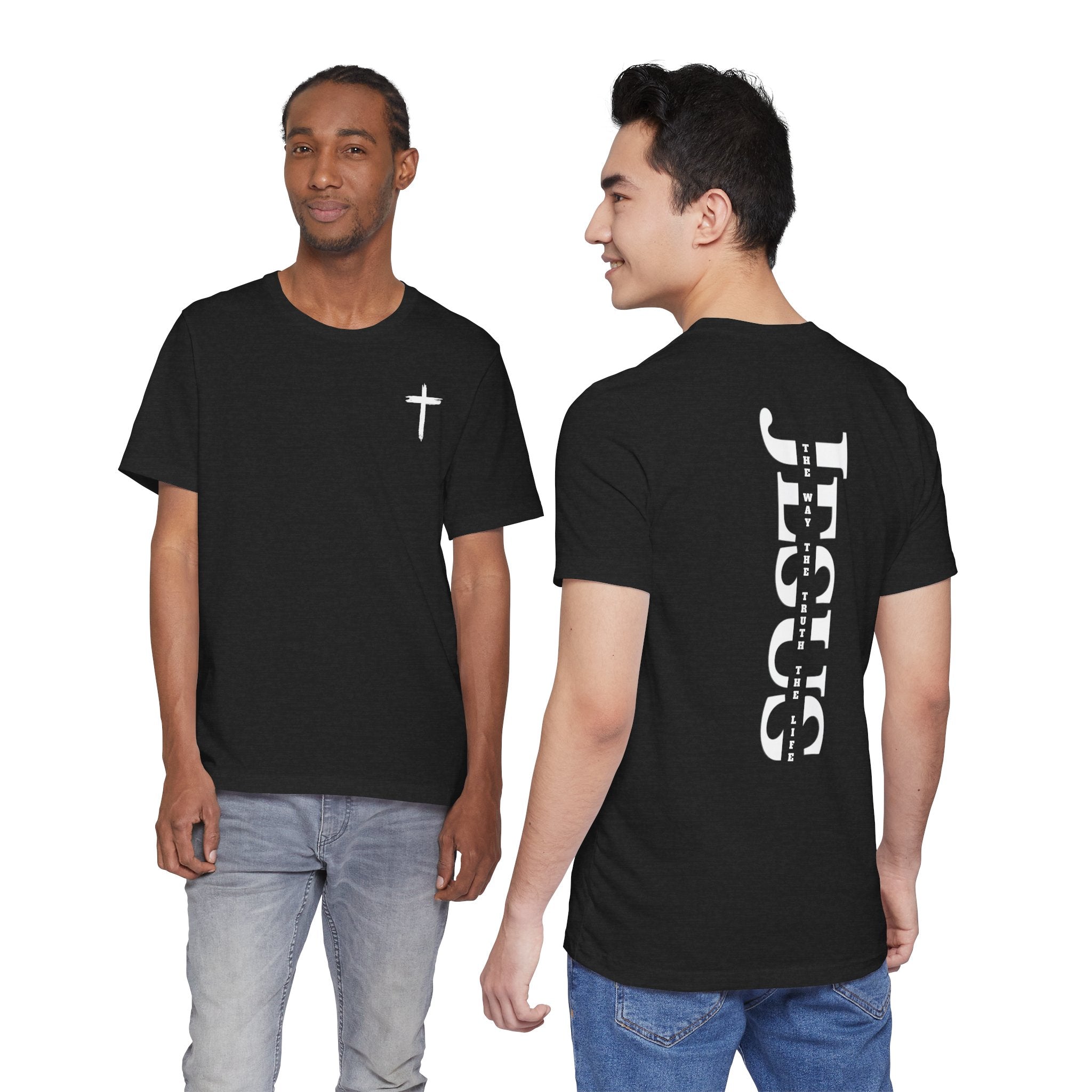 Faith Cross Tee — Vertical "Jesus" Back Graphic Christian T‑Shirt