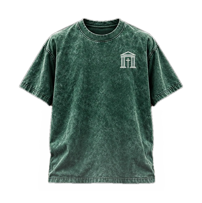 Temple Forged green tee front mockup on white background